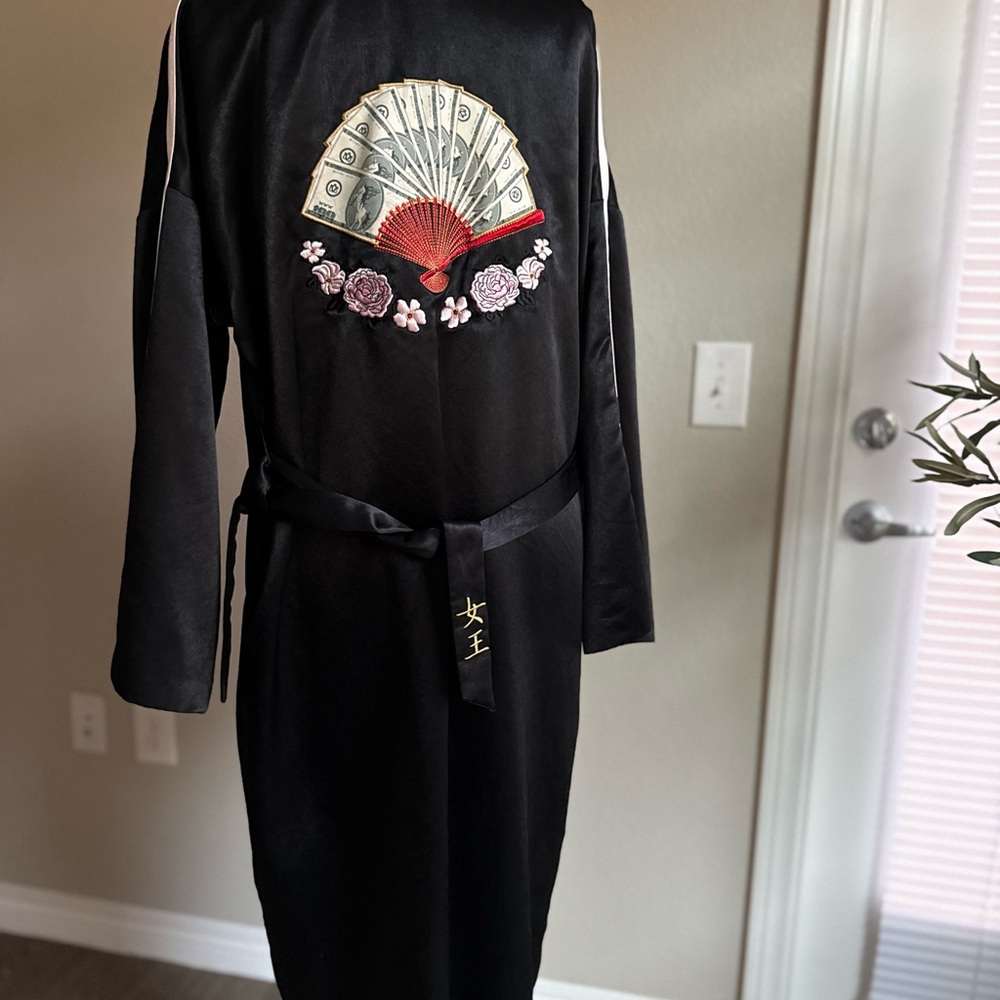 Black Satin Embroidered Kimono | Statement Layering Piece